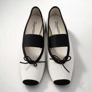 Repetto NWOB ballet Mary Jane flats, glitter white, black suede toes, 7